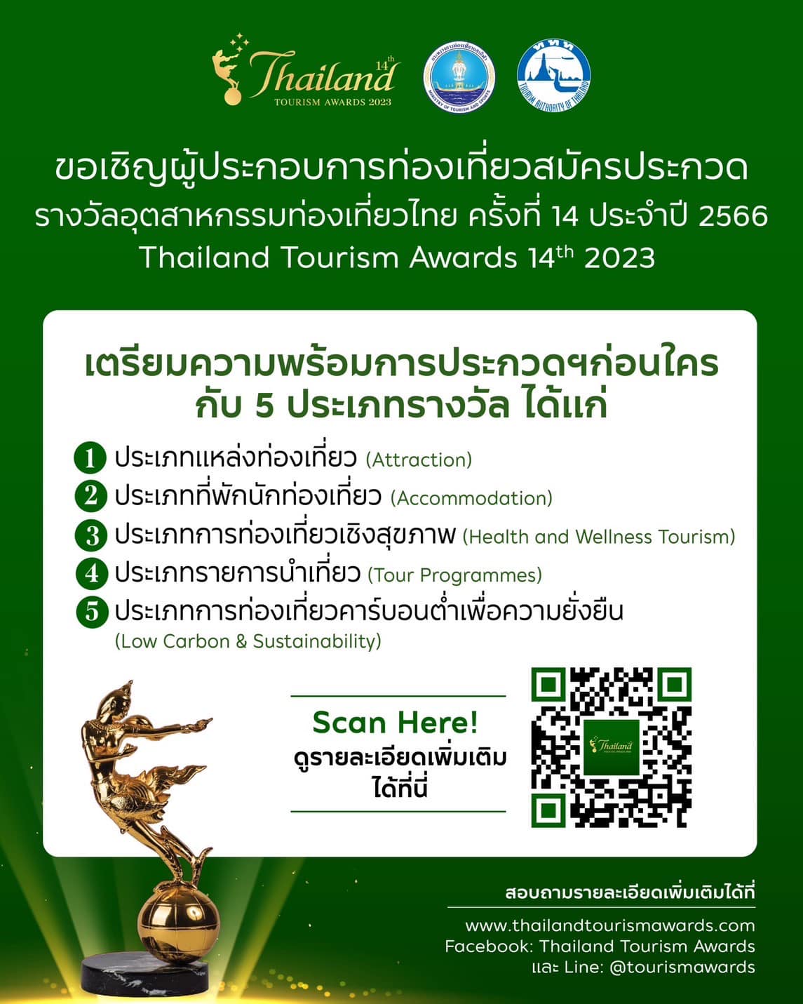 ททท. ขอเชิญผู้ประกอบการท่องเที่ยวสมัครประกวดรางวัลอุตสาหกรรมท่องเที่ยวไทย ครั้งที่ 14 ประจำปี 2566 Thailand Tourism Awards 14th 2023
